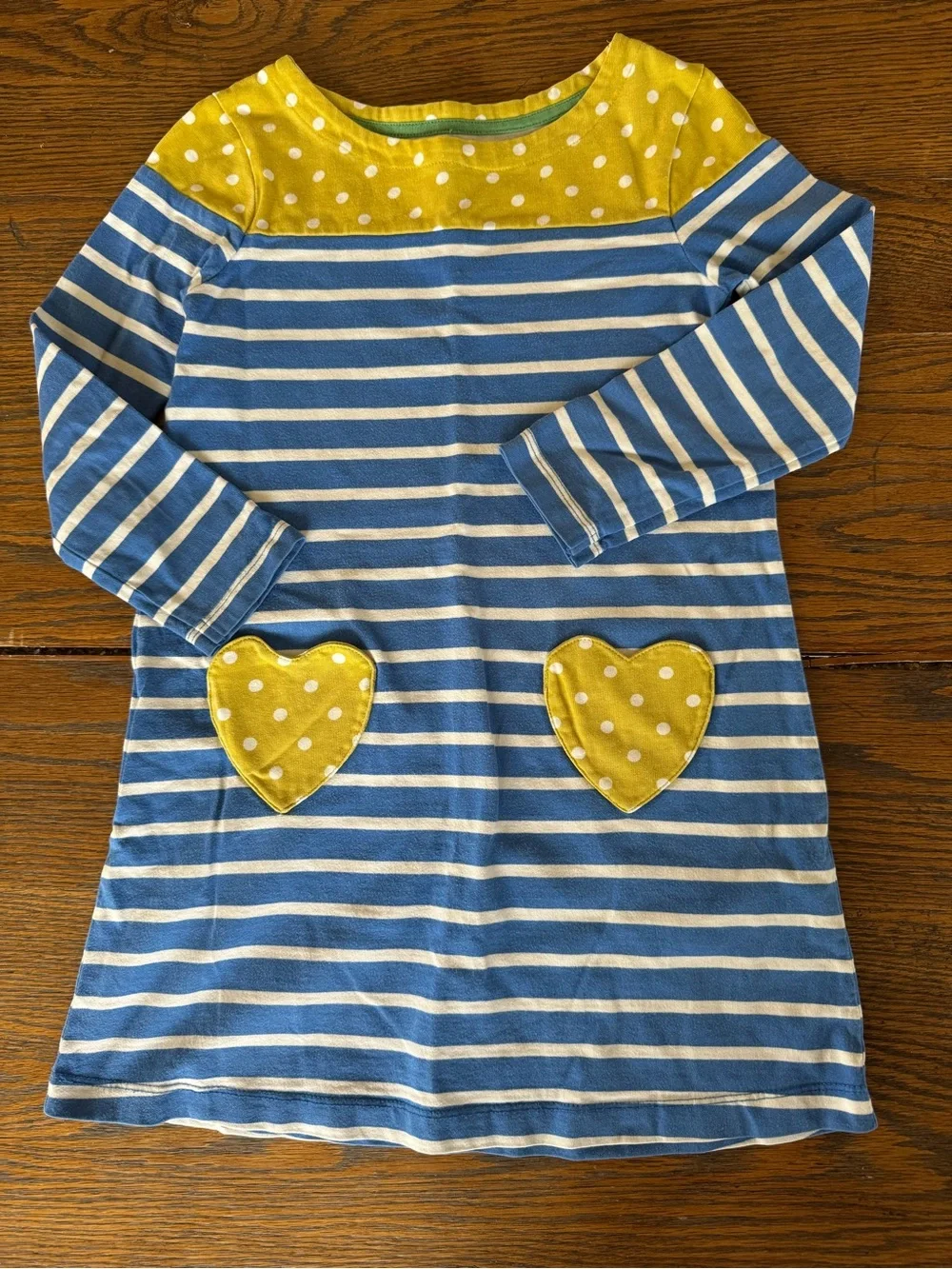 Mini Boden Blue and Yellow Striped Heart Pocket Dress